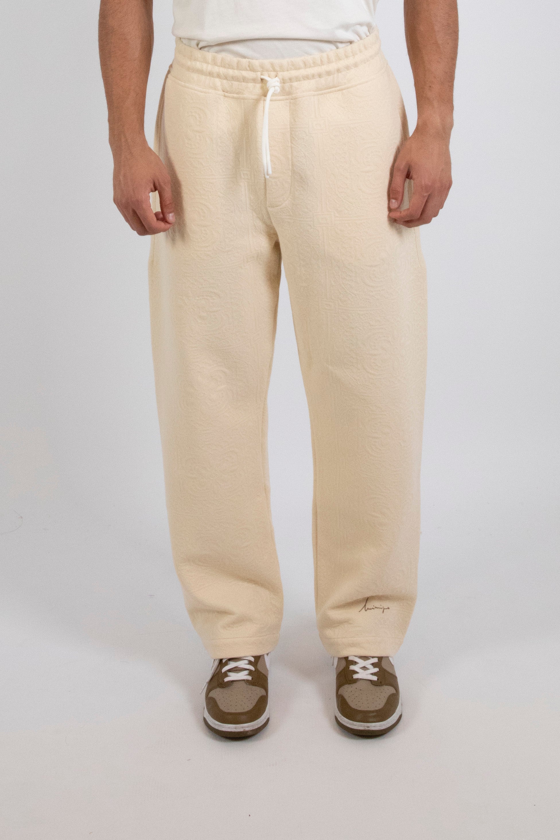 Inimigo, Cream Jacquard Sweatpants, Man Fashion, Luxury Sweatpants, Jacquard fabric sweatpants