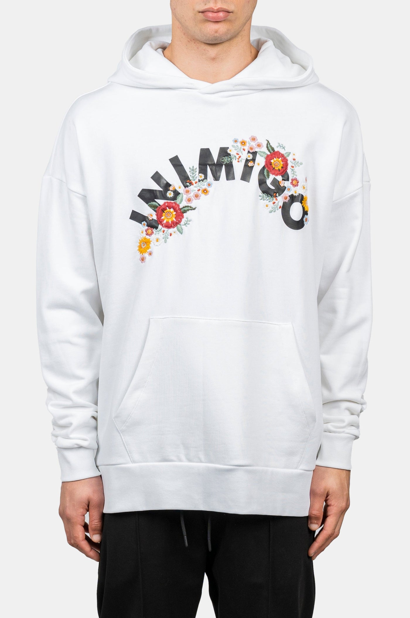 INIMIGO LOGO FLOWERS OVERSIZED WHITE HOODIE FRONT